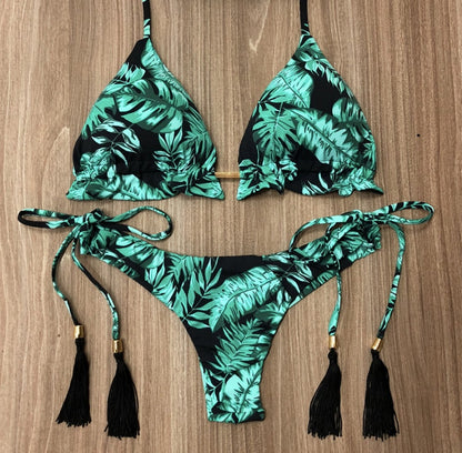 Sexy Floral Print Bikinis Striped Patchwork Swimsuit Women Bandage Bikini Set