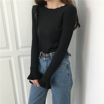 Ruffles Pullovers Solid Flare Sleeve Women Sweaters Slim