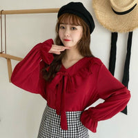 Shirts Womens Retro V-Neck Elegant Bow Knot Flare Sleeve Kawaii Solid Blouses 2020 New Autumn Korean Style Loose Leisure Daily