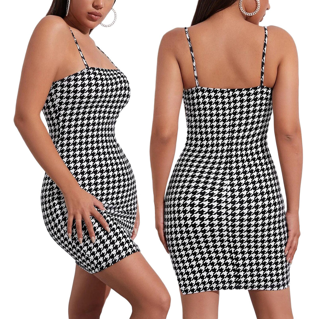 2021 New Style Women’s Summer Sexy Suspender Mini Dress Ladies Elegant Fashion Plaid Backless Slim Split Short Dress