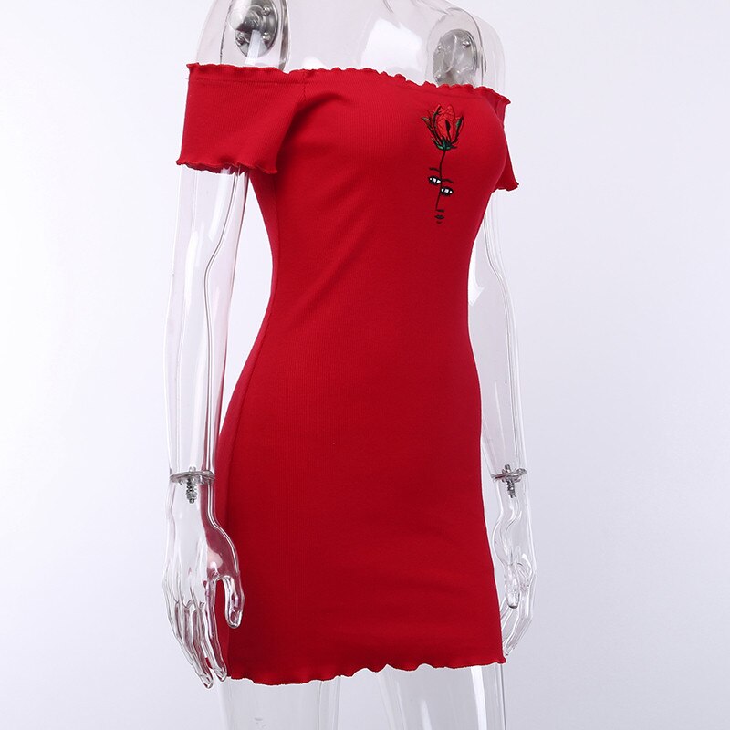 Sexy Clunwear Women&#39;s Fashion Off Shoulder Bodycon Bandage Party Sexy Mini Dress Rose Slash Neck Dresses