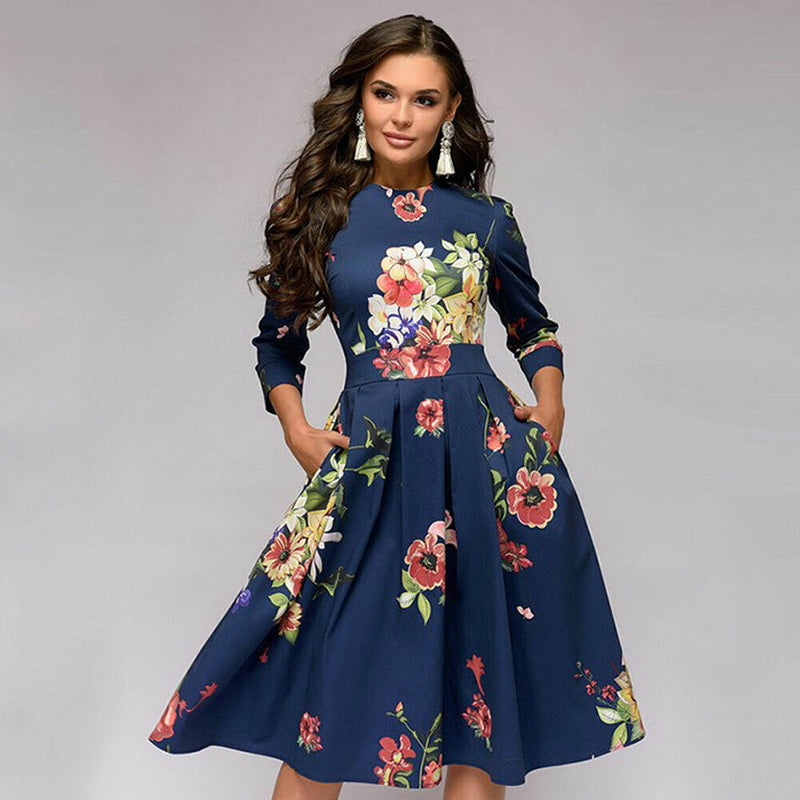 Vintage pleated tunic print dress women Elegant ladies A line dresses Long sleeve female autumn mixi party dress vestidos