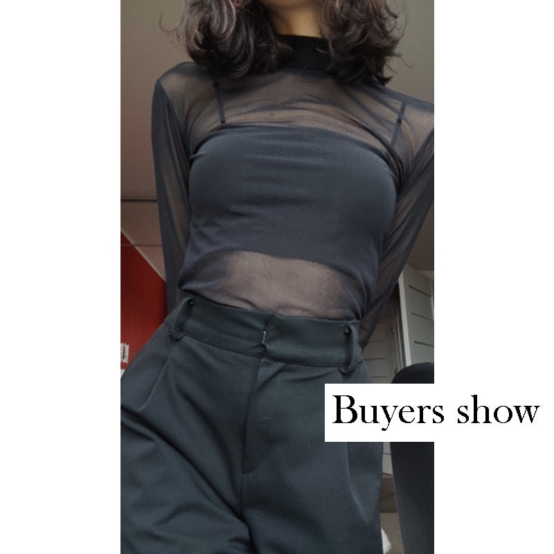 Sexy Women T Shirt See Through Transparent Mesh Tops Long Sleeve Sheer Slim Ladies Turtleneck T-Shirt