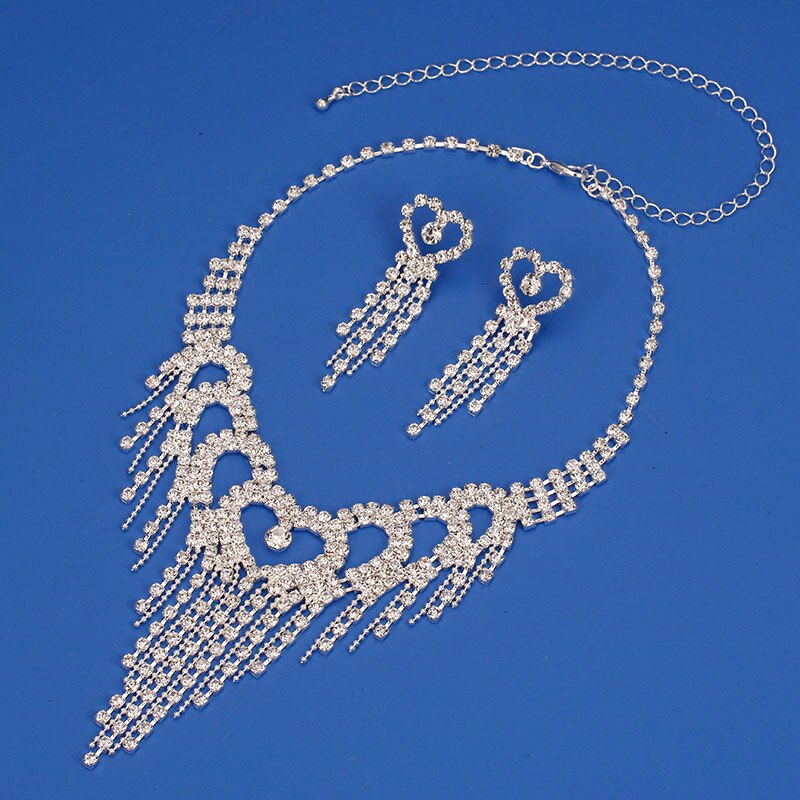 TREAZY Luxury Rhinestone Crystal Bridal Jewelry for Women Heart Tassel Necklace Earrings Bracelet Set Wedding Jewelry Gifts