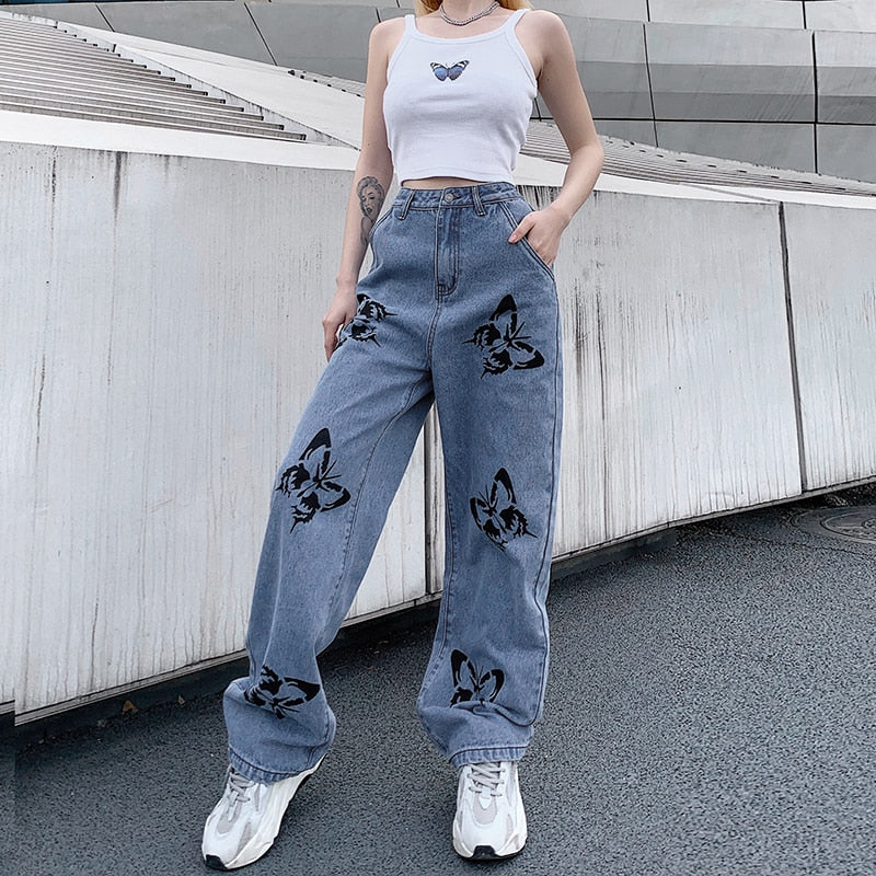 Women&#39;s High Waisted Jeans Butterfly Print Straight Wide Leg Denim Pants Baggy Loose Casual Trousers Streetwear