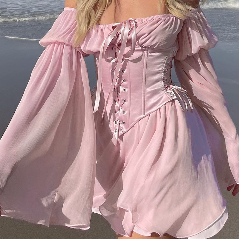 Fairy Pink Chiffon Mini Dress Chic Women Bandage Corset Vintage Long Puff Sleeve Sundress Slash Neck Bridesmaid Bodycon Beach