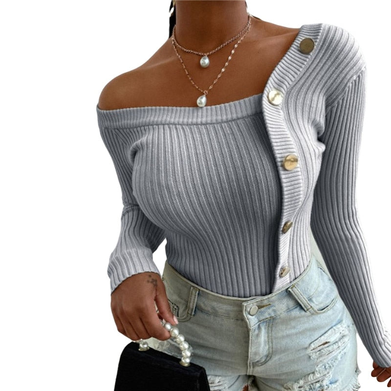 Fashion Button Off Shoulder Knitted Sweater Women