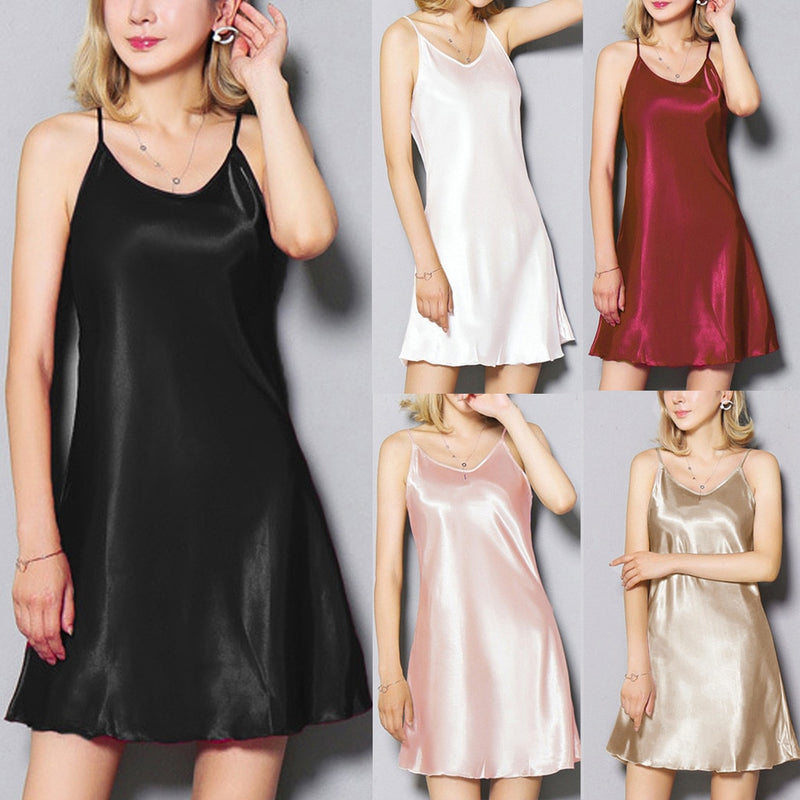Female Satin Nightgown Lady Sexy Spaghetti Strap Night Dress Women Nighties Sleeveless  Sleepwear Nightwear Homewear