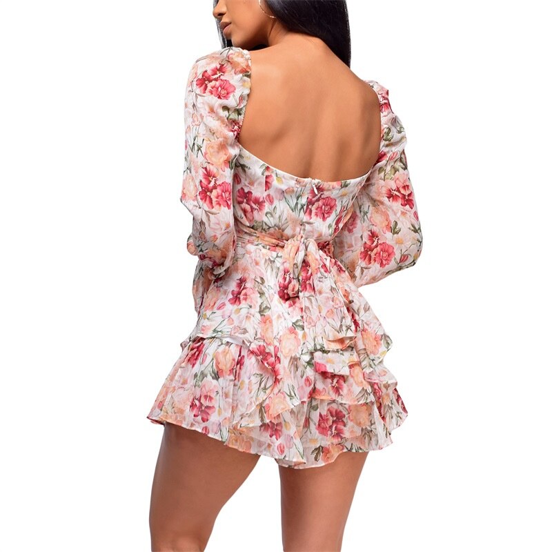 Women’s Sexy Square Collar Backless Jumpsuit Fashion Flower Bandage High Waist Long Sleeve Playsuit