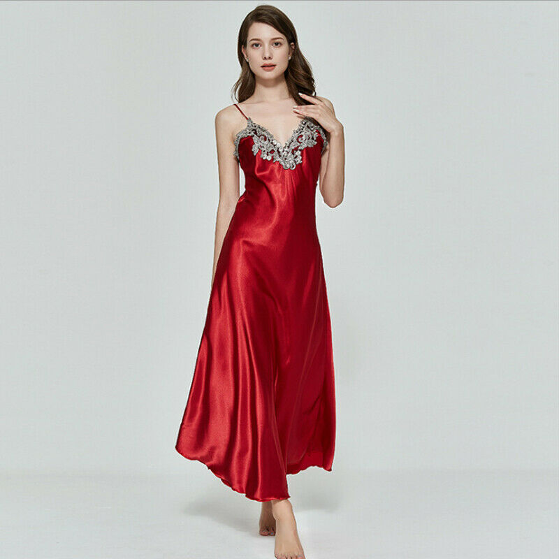Hot Sale High Quality Women Satin Silk Lace V-neck Spaghetti Strap Night Dress Nightdress Sleepwear Ladies Long Nightgown