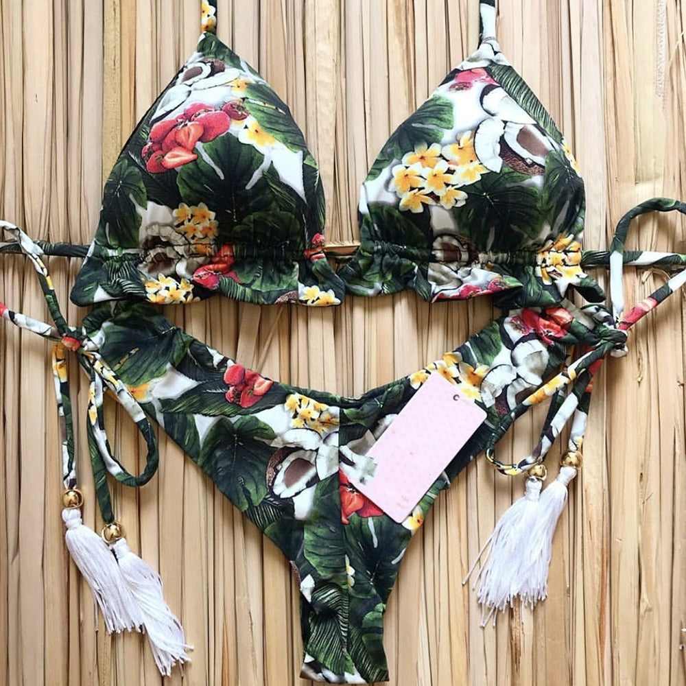 Sexy Floral Print Bikinis Striped Patchwork Swimsuit Women Bandage Bikini Set