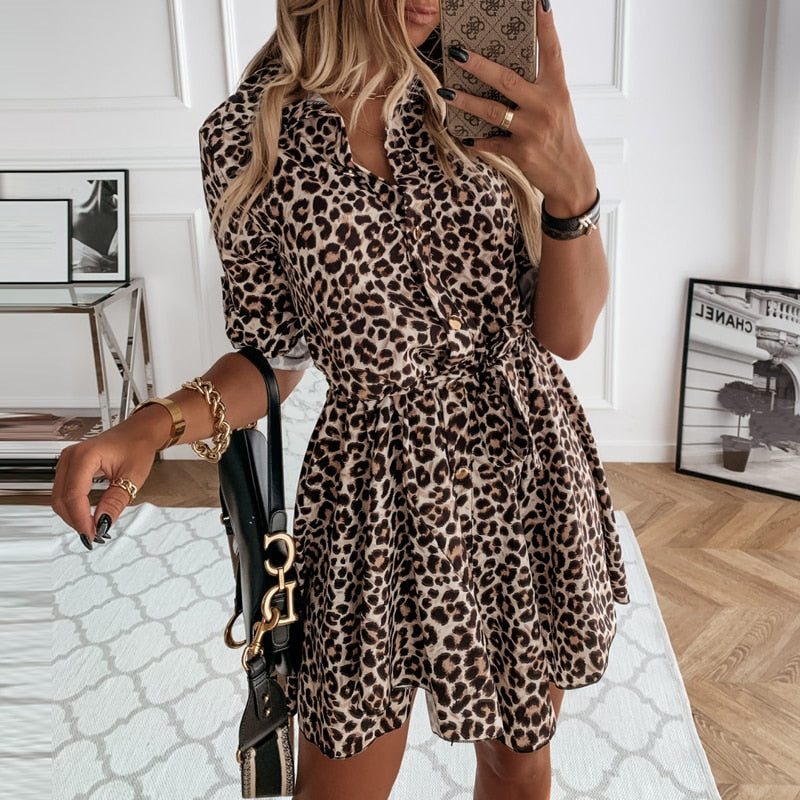 Leopard Shirt Dress Long Sleeve Turn-down Collar Sashes Mini Dress Single Button