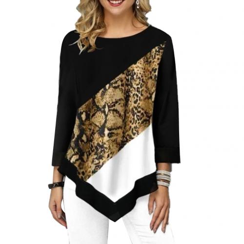 O Neck 3/4 Sleeve Irregular Hem Leopard Patchwork  Blouse Loose Fit Women's Clothing