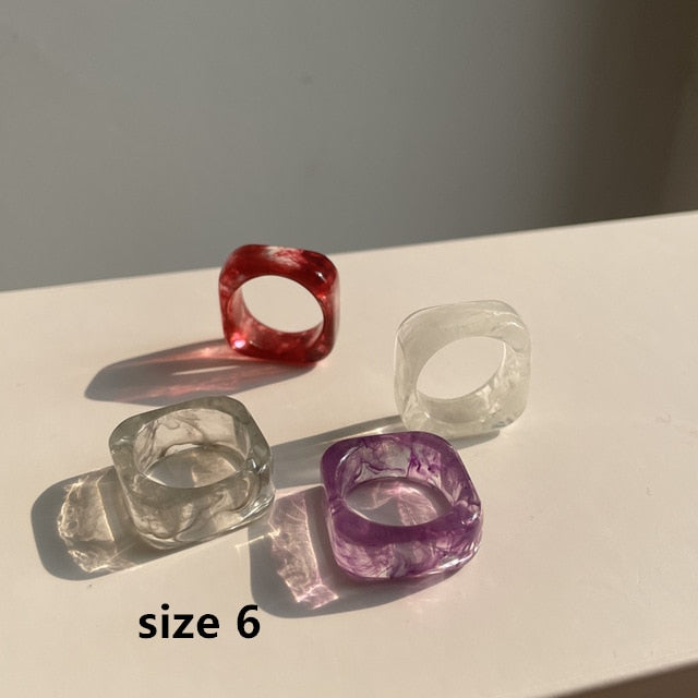 Colourful Transparent Resin Acrylic Rhinestone Geometric Square Round Rings Set for Women Jewelry Travel Gifts