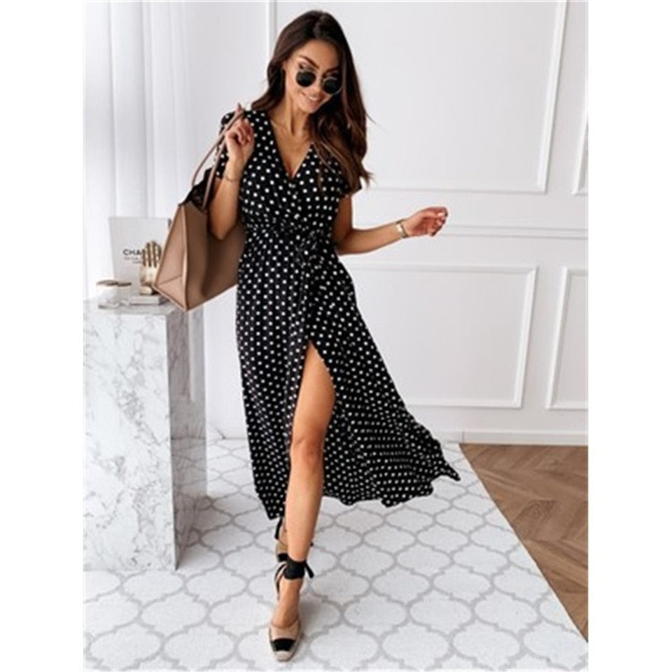 Polka Dot Split Boho Dress V-Neck Women Casual Beach Vacation Long Dresses