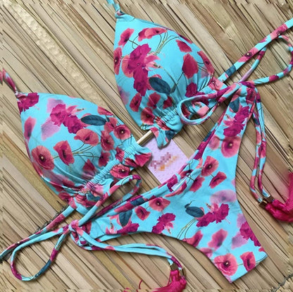 Sexy Floral Print Bikinis Striped Patchwork Swimsuit Women Bandage Bikini Set