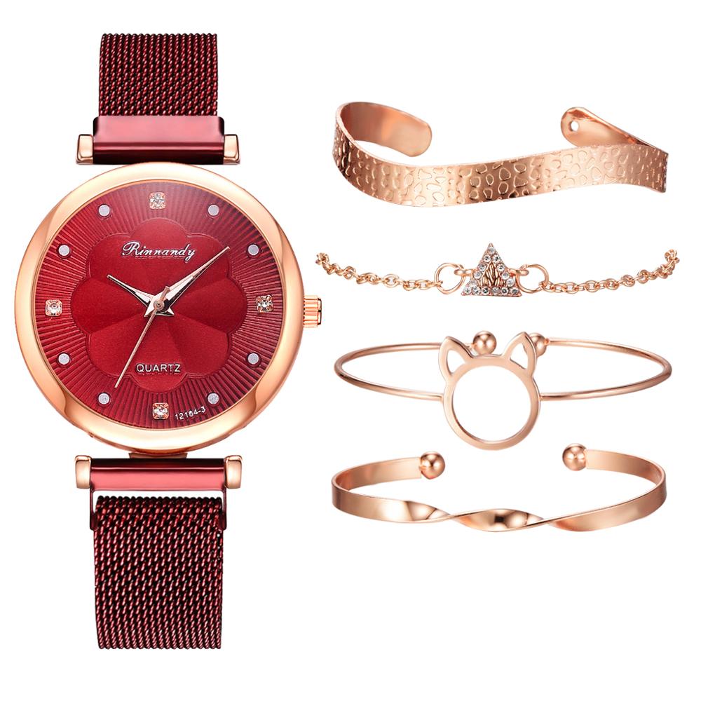 5pcs Set Women Luxury Magnet Buckle Flower Rhinestone Watch Ladies Quartz Wrist Watch Bracelet Set