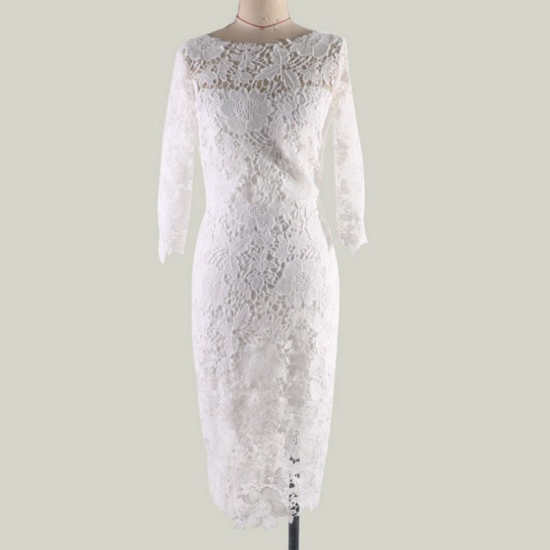 White Lace Party dress Women Sexy Long Sleeve Lace Crochet Hollow Out Slim Bodycon Dress