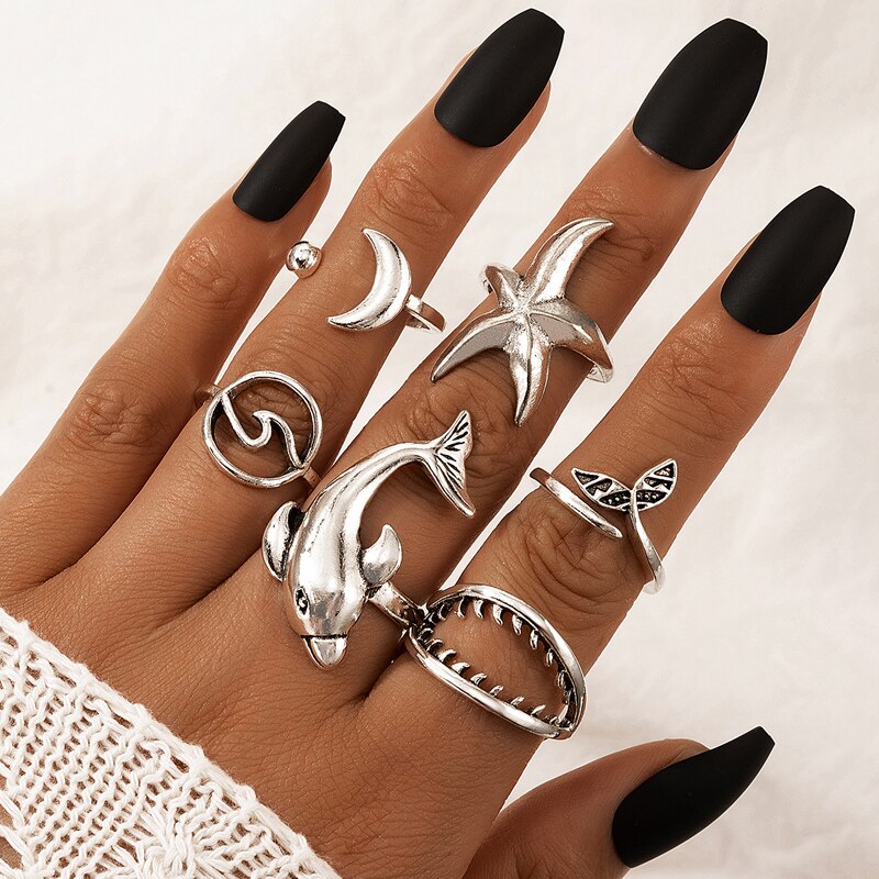 Boho Finger Jewelry Crown Geometric Rhinestone Leaf Women Ring Sets Hollow Stacking Finger Rings Vintage Silver Color