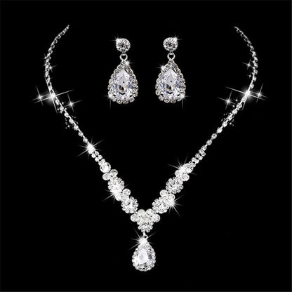 Water Drop Rhinestone Long Pendant Full Crystal Silver Plated Necklace &amp; Earrings Elegant Bridal Wedding Jewelry Set