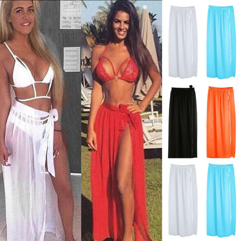Beach Bikini Cover Ups Wrap Mesh Skirt Women Solid Lace Up Split Maxi Skirts Bathing Suit
