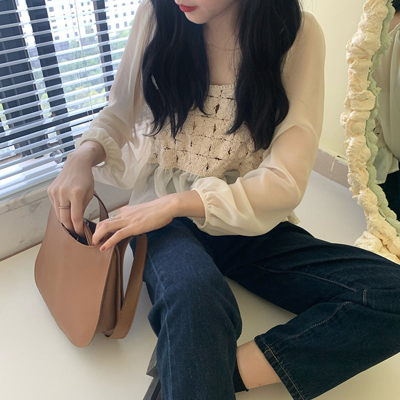 Women Blouses Shirts Patchwork Hollow Out Long Sleeve Female Spring Autumn Tops Elegant Korean Short Style Fashion Ulzzang Retro