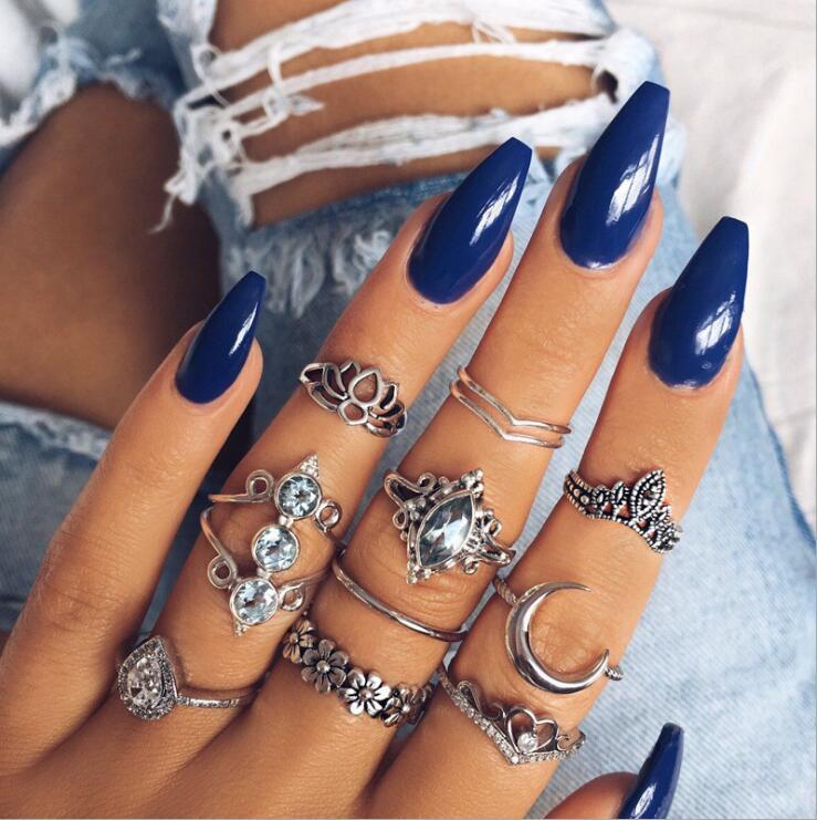 Boho Finger Jewelry Crown Geometric Rhinestone Leaf Women Ring Sets Hollow Stacking Finger Rings Vintage Silver Color