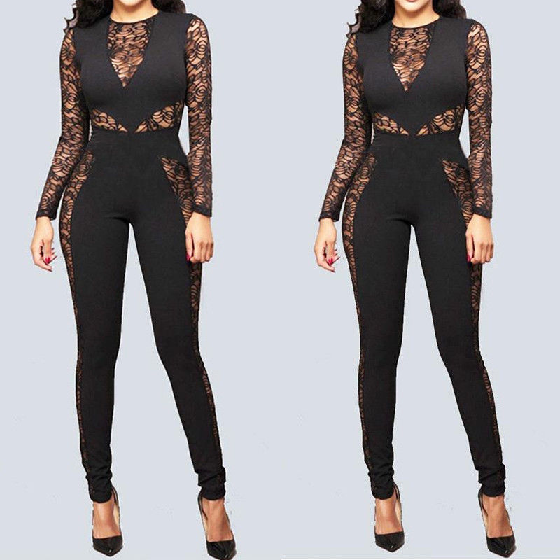 Long Sleeve Lace Hollow Out Jumpsuit Sexy Slim Lace Floral Bodycon Rompers