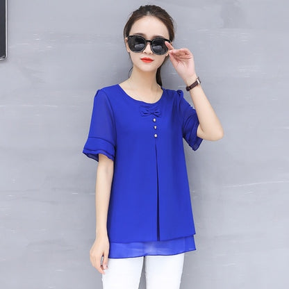 O-neck Short Sleeve Chiffon Blouse Top Female