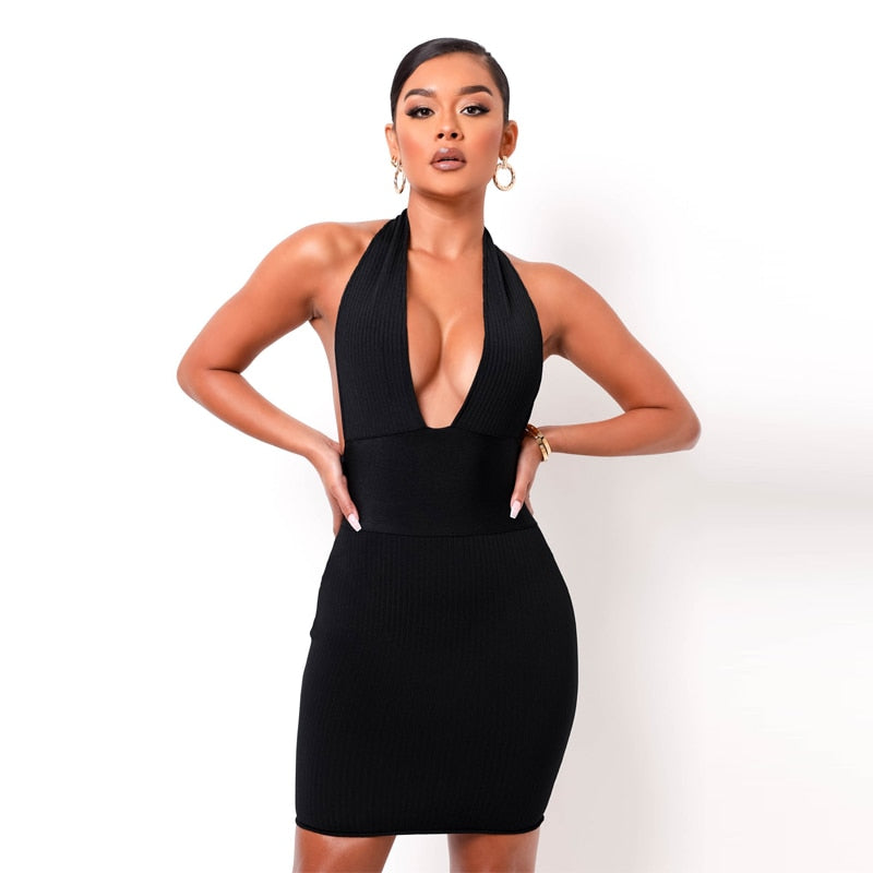 Solid Ribbed Knitted Stripe Women Halter Midi Dress Backless Patchwork Bodycon Sexy Party Elegant Club 2021 Summer Club