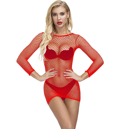 Sexy Fishnet Mesh Club Dress Summer Long Sleeve See Through Mini Dress Women Round Collar Ladies Dress Beach Plus Size Outfit