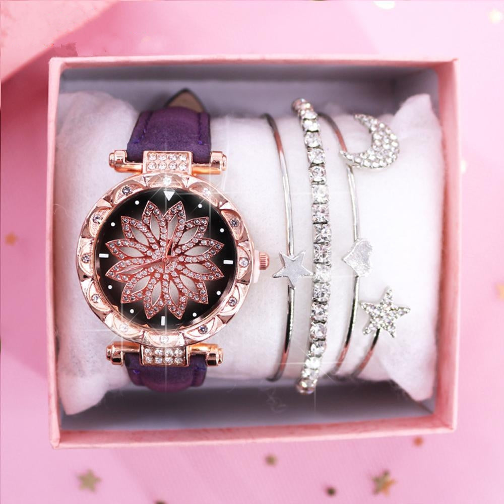 Ladies Watch Bracelet Set With Box Leather Strap Quartz Wristwatch Diamond Watches