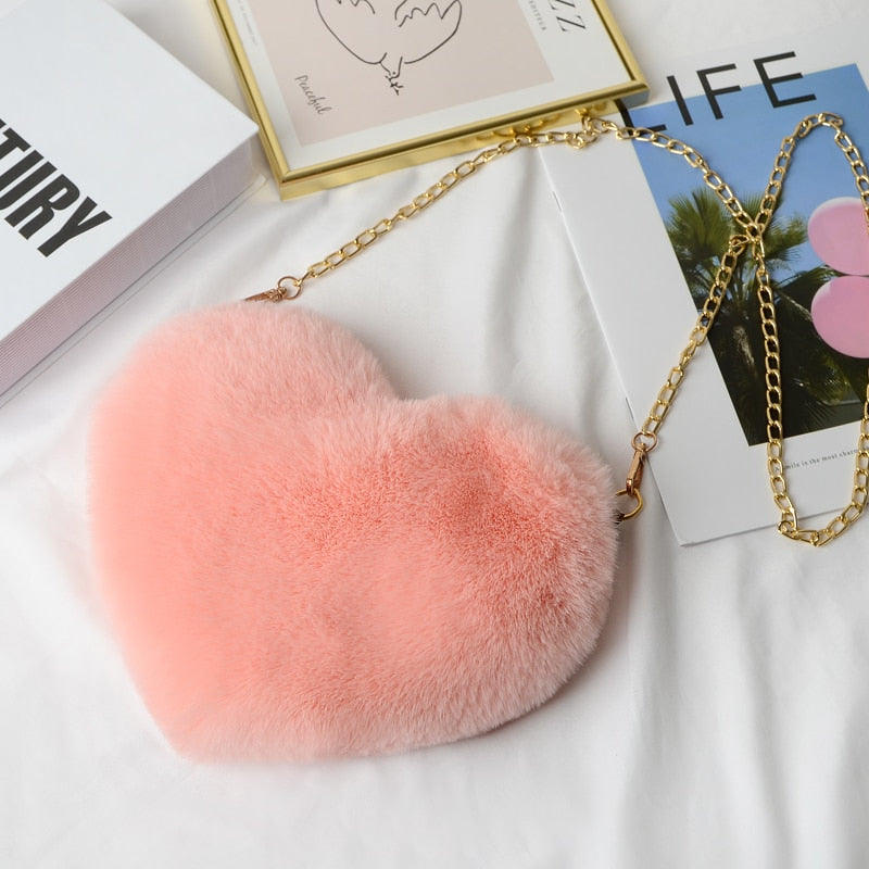 Faux plush heart-shaped shoulder bag