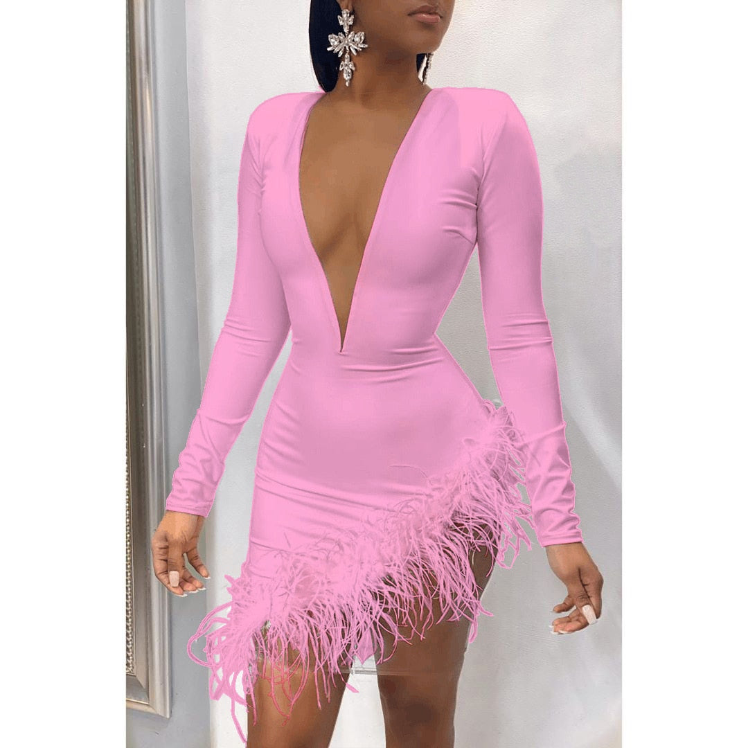 Women Winter Mini Dress 2021 O-Neck Mesh Feather Patchwork Sexy Night Club Party Bandage Street Bodycon Dresses