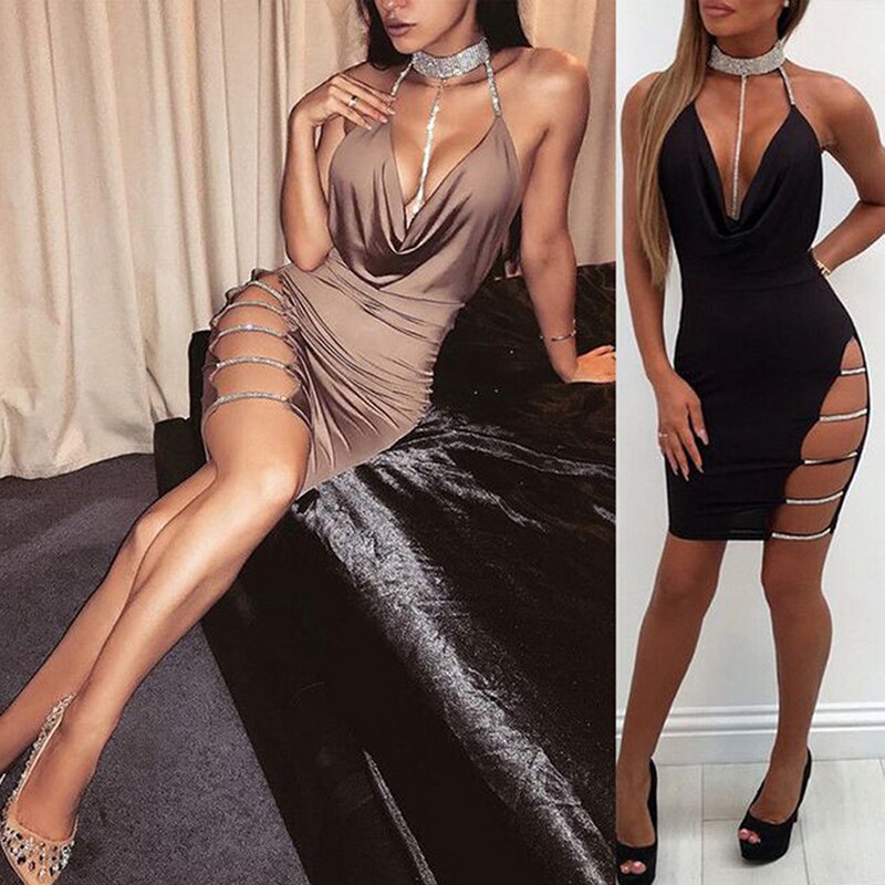 Sexy Women Halter Crystal Sequin Dress Backless Metallic Diamond Bandage Club Bodycon Dress Party Dresses Ladies