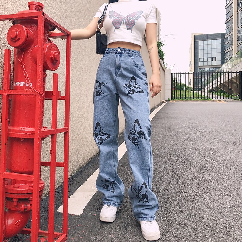 Women&#39;s High Waisted Jeans Butterfly Print Straight Wide Leg Denim Pants Baggy Loose Casual Trousers Streetwear