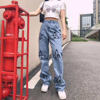 Women&#39;s High Waisted Jeans Butterfly Print Straight Wide Leg Denim Pants Baggy Loose Casual Trousers Streetwear