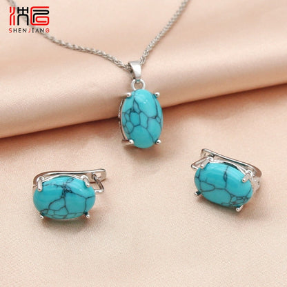 SHENJIANG New Fine Oval Egg Shape Synthetic Turquoises 585 Rose Gold Dangle Earrings Jewelry Set For Women Wedding Jewelry