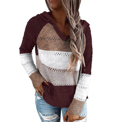 Hooded Long Sleeve Patchwork Sweater