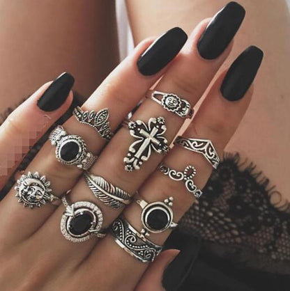 Boho Finger Jewelry Crown Geometric Rhinestone Leaf Women Ring Sets Hollow Stacking Finger Rings Vintage Silver Color