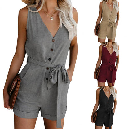 Women Playsuit 2021 Summer V Neck Sleeveless Button Belt Bow Casual Jumpsuit Solid Romper Elegant Tunic Short Overalls