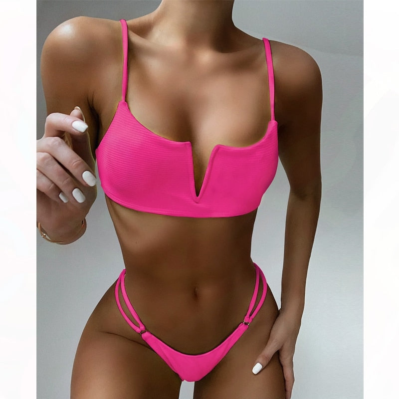 low waist beach wear set  Swimwear swimming suit for women V type top split swimsuit thong bikinis