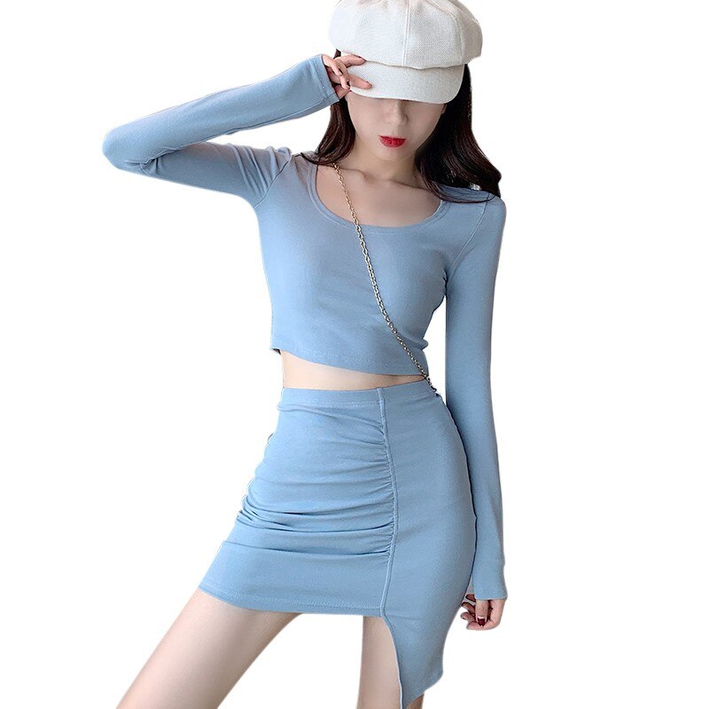 Sexy Women Two Pieces Set Spring Fall O-neck Long Sleeve Crop Tops Skirt Female Suit Fashion Streetwear Solid Tracksuits