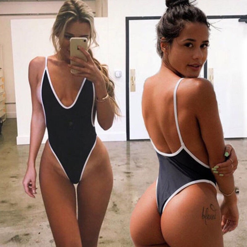 Sexy Black High Cut One Piece Swimsuit Solid Swimwear