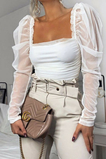 Long Sleeve Ruched Square Neck Strap See through Tops Blouse