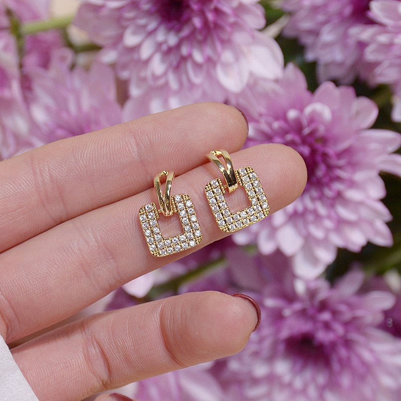 14k Real Gold Square Pave Inlaid Top Zircon Earring for Women