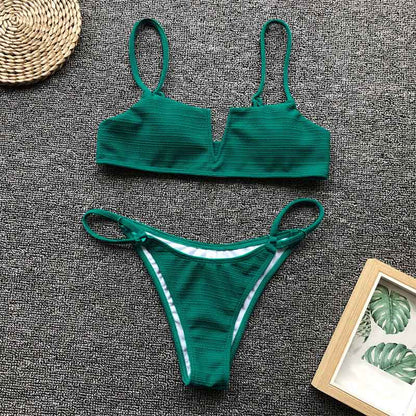 low waist beach wear set  Swimwear swimming suit for women V type top split swimsuit thong bikinis