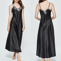Hot Sale High Quality Women Satin Silk Lace V-neck Spaghetti Strap Night Dress Nightdress Sleepwear Ladies Long Nightgown