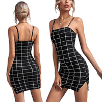 2021 New Style Women’s Summer Sexy Suspender Mini Dress Ladies Elegant Fashion Plaid Backless Slim Split Short Dress