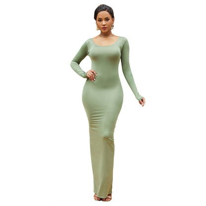 HOT SALES!!! Spring Autumn Sexy Women Solid Color Long Sleeve Round Neck Bodycon Maxi Dress evening party dress sexy comfortable